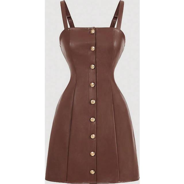 SHEIN Ladies Say Brown Leather Vintage Button Front Dress, Vintage Dress, Winter Dress,New Years Eve Dresses, Women Say Dresses, Women Say Formal Dresses, H