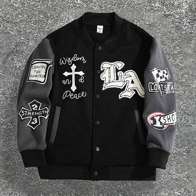 SHEIN Tween Boy Street Style Flocked Embroidered Loose Fit Warm Padded Baseball Jacket, Suitable For Autumn/Winter