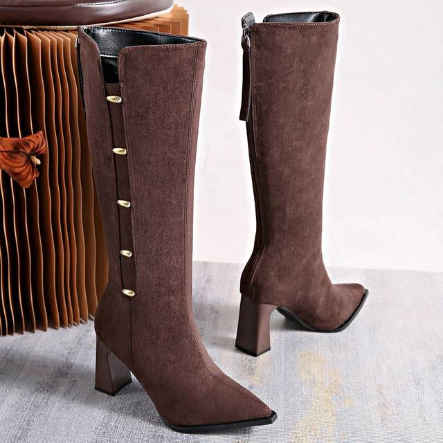 SHEIN Pointed Toe Chunky Heel Over-The-Knee Boots Women, Zipper Back Metal Buckle, Fashion Long Boots For Fall/Winter