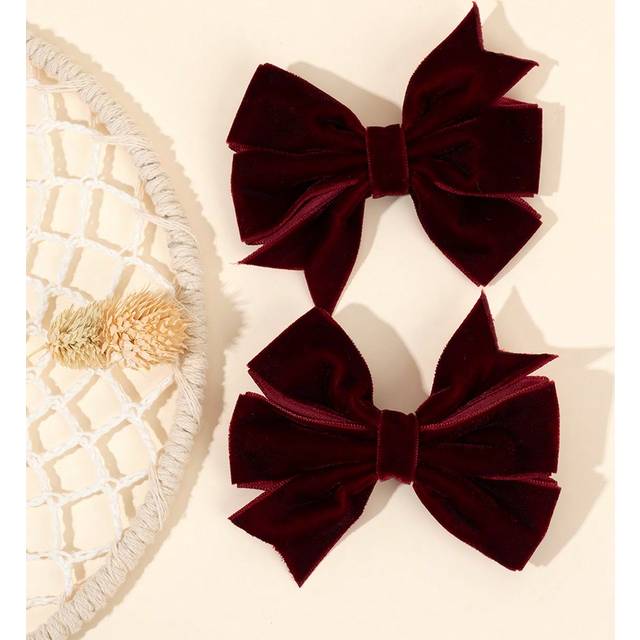 SHEIN 2pcs Velvet Hair Bows For Girls Solid Color Bow Alligator Clips Red Bow Hair Clips Solid Color Fall Winter Barrettes New Year Gift For Kids Elegant Ha