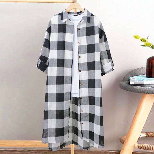 Joress Plus Size Women Plaid Rolled Cuff Single-Breasted Casual Shirt Dress, Autumn