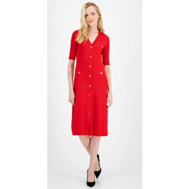 Anne Klein Rib Button Front A-Line Dress