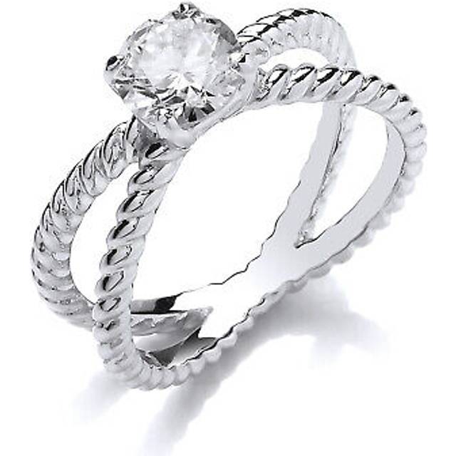 (L) Jewelco London Ladies Rhodium Plated Sterling Silver Cubic zirconia Split Rope Twist Solitaire Engagement Ring