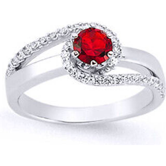 (Q) Jewelco London Ladies Rhodium Plated Sterling Silver Red Cubic Zirconia Whirlpool Tornado Solitaire Engagement Ring