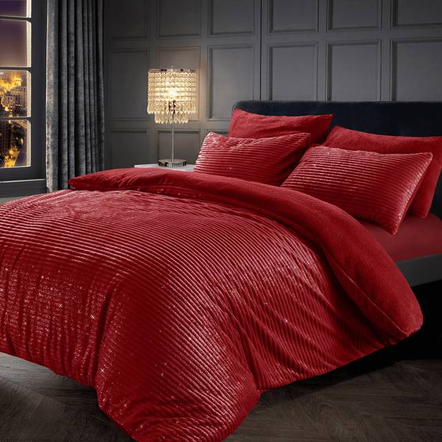 Velosso Glitter Corduroy Teddy Fluffy And Warm Fleece Duvet Cover Set - Red - King, Red
