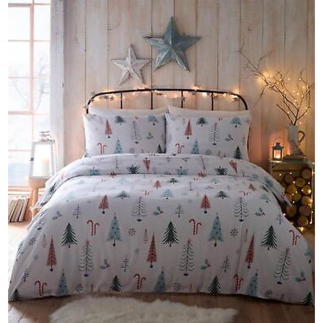 (Single, White) Brushed Cotton Duvet Cover Set White Flannelette Bedding Christmas Xmas Bed Set