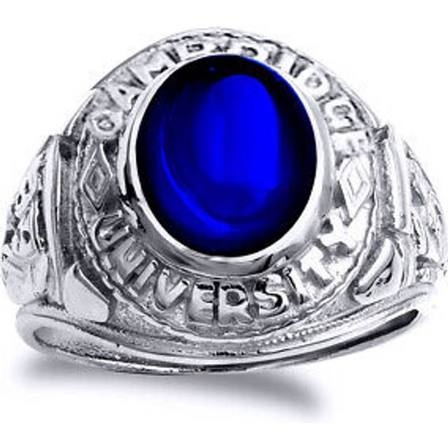 (S) Jewelco London Mens Rhodium Plated Sterling Silver Blue Oval Cubic Zirconia Cabochon College Signet Ring