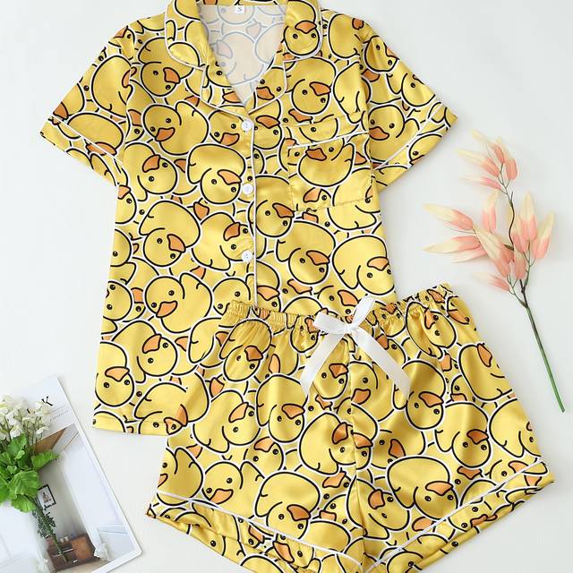 TEMU Women's Cute Yellow Duck Print Pajama Set. Top And Shorts Set. Suitable For All Pajama And Home Clothes