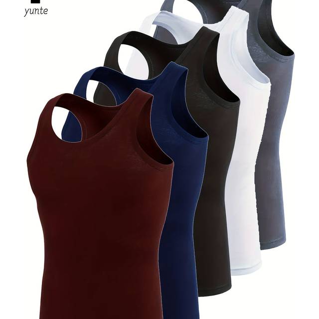 TEMU 5-pack Men's Tank Tops, Solid Color Crew Neck, Breathable Quick-dry Polyester 100%, Skinny Fit, Knit Fabric, Summer Sports Fitness Vest, Casual Solid Color Tops For Men