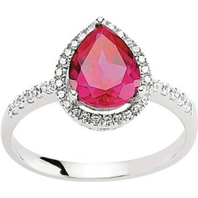 (Q) Jewelco London Ladies Rhodium Plated Sterling Silver Red Pear Cubic Zirconia Halo Engagement Ring
