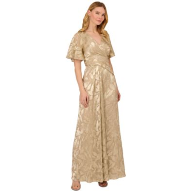 Foil Leaf Short Sleeve Gown With Draped Details In Champagne Gold - Champagne/Gold - 2