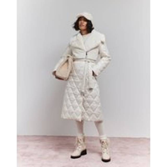 River Island Womens Cream Faux Fur Quilted Longline Coat - 6