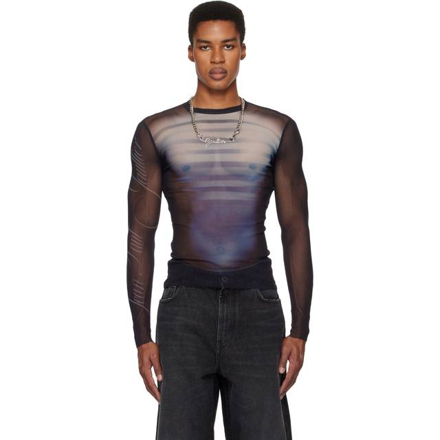Jean Paul Gaultier, Long Sleeve Tops, female, Blue, M, Navy Lightblue White Printed Top