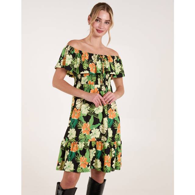 Blue Vanilla Black Pattern Tropical Shirred Waist Bardot Mini Dress - s/m