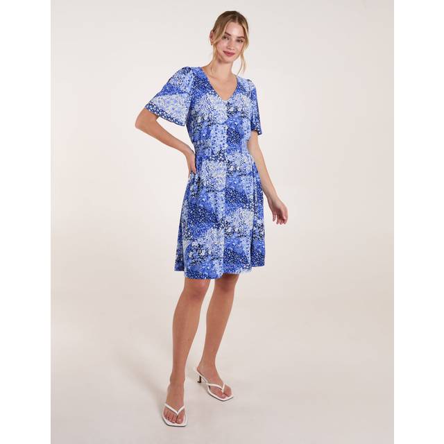 Shirred Waist Button Front Patchwork Mini Dress - S/M / BLUE