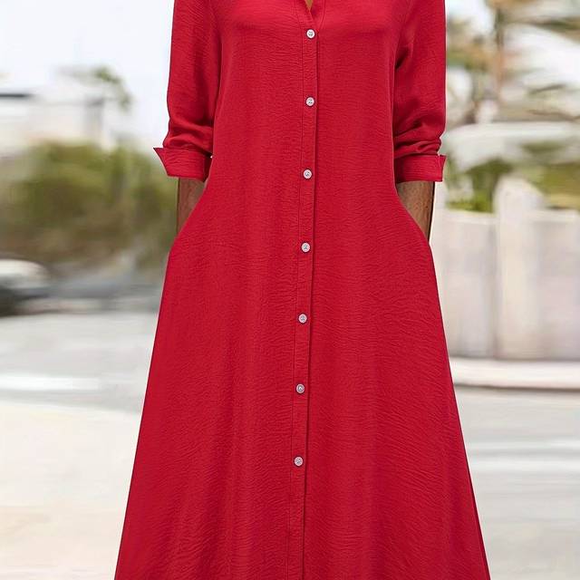 TEMU Plain Color Button Front Shirt Dress, Casual Long Sleeve A-line Midi Dress For Spring & Fall, Women's Clothing