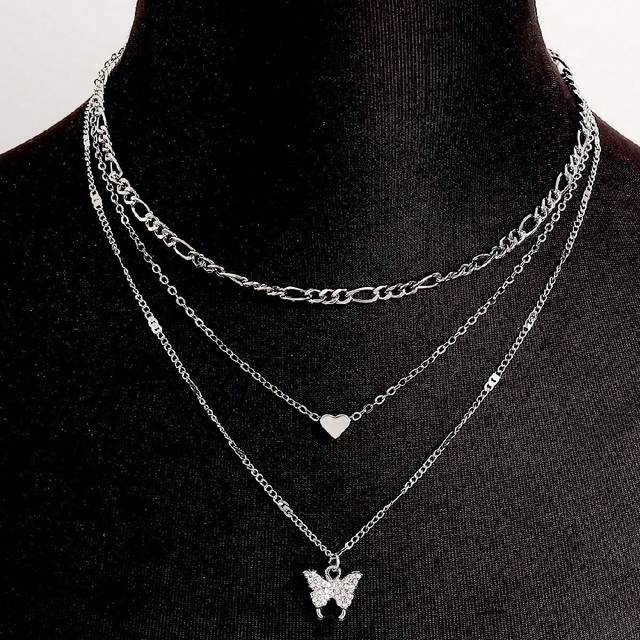 SHEIN 1pc Delicate & Fashionable Multilayer Necklace With Shiny Butterfly & Heart Decor For Women, Girls&#39; Party, Festival, Date, Daily Wear Or Gift Valentin