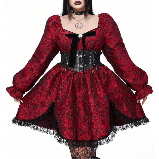 Whyspr Goth Punk Plus Size Women Punk Gothic Square Neck Ruffle Patchwork Cinched Waist Long Sleeve A-Line Asymmetrical Hem Jacquard Dress, Cute And Cool For