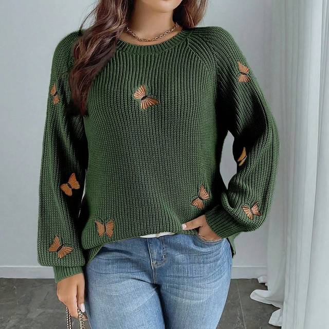 SHEIN Women&#39;s Solid Color Knitted Bow Embroidered Elegant Pullover Sweater, Long Sleeve Regular Fit, Autumn/Winter
