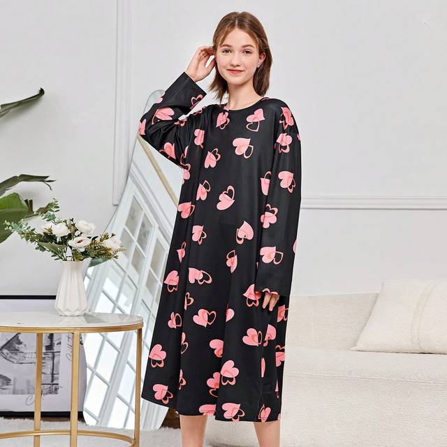 SHEIN Teen Girls&#39; Knit Heart Pattern Round Neck Home Dress