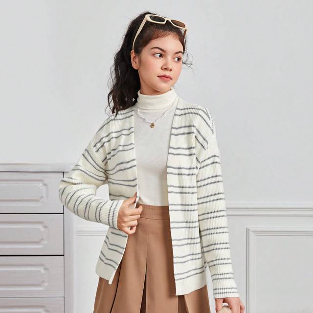 SHEIN Teen Girl Striped Pattern Drop Shoulder Duster Cardigan