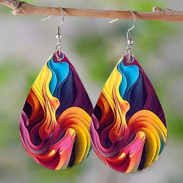 SHEIN 1 Pair Double Sided Rainbow Print Water Drop Wooden Hook Earrings For Women