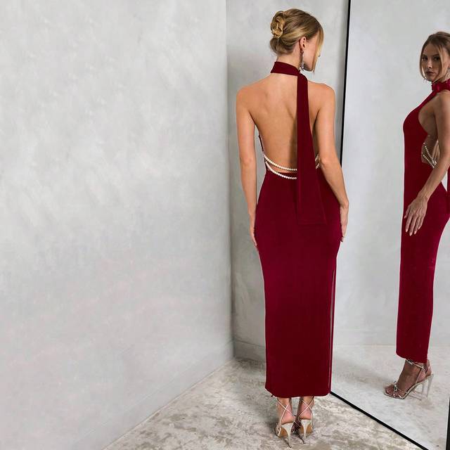 SHEIN Women&#39;s Autumn/Winter Backless Asymmetric Pearl Decor Fitted Long Party Dress/Dress For Ball/Gala