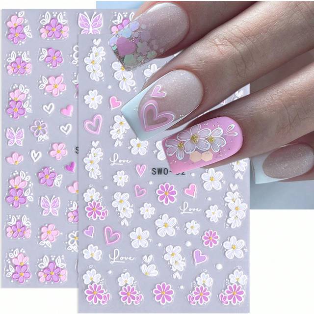 SHEIN 5D Purple Flower Embossed Nail Stickers 2pcs Pink White Hollow Cartoon Lovely Butterfly Daisy Petal Floral Print Design DIY Elegant Fashion Y2K Style
