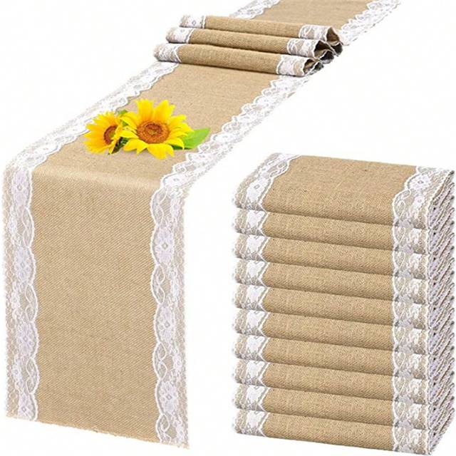 SHEIN 1 Pack 12in X 71in Natural Burlap White Lace Trim Table Runners - Harvest Autumn Fall Thanksgiving Holiday Christmas Festive Party Kitchen Tabletop,Ch