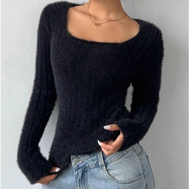 SHEIN Women&#39;s Solid Color Square Neck Long Sleeve Fitted Sweater