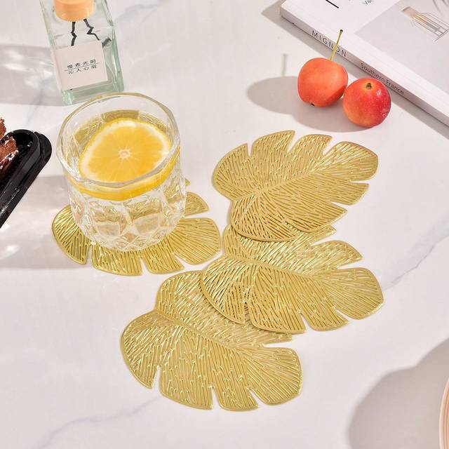 SHEIN Elegant Luxury Gold Stamping Coasters Drink Absorbent Thin Rose Leaves Coasters For Coffee Wooden Table Cork Heat-Resistant Reusable Drink Coaster, Ho