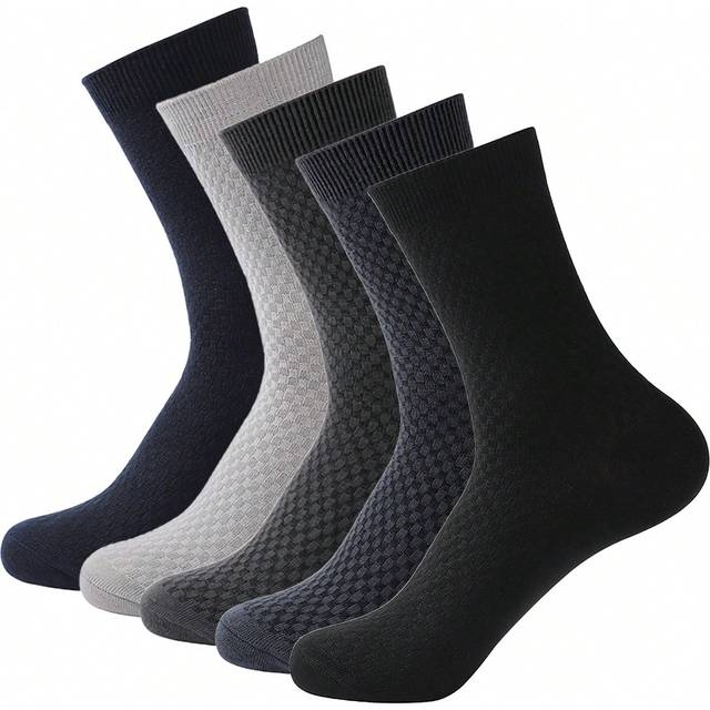 SHEIN 1/5 Pairs Men&#39;s Bamboo Fiber Crew Socks Autumn Winte Black Breathable Business Casual Man Dress Socks For Business, Sports, Daily Life