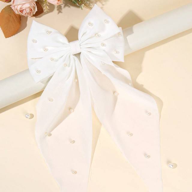SHEIN 1pc Large White Hair Bows For Women Solid Color Chiffon Bow French Clips With Long Tail Pearl Decor Elegant Bow Hair Clips Wedding Party Bow Barrettes