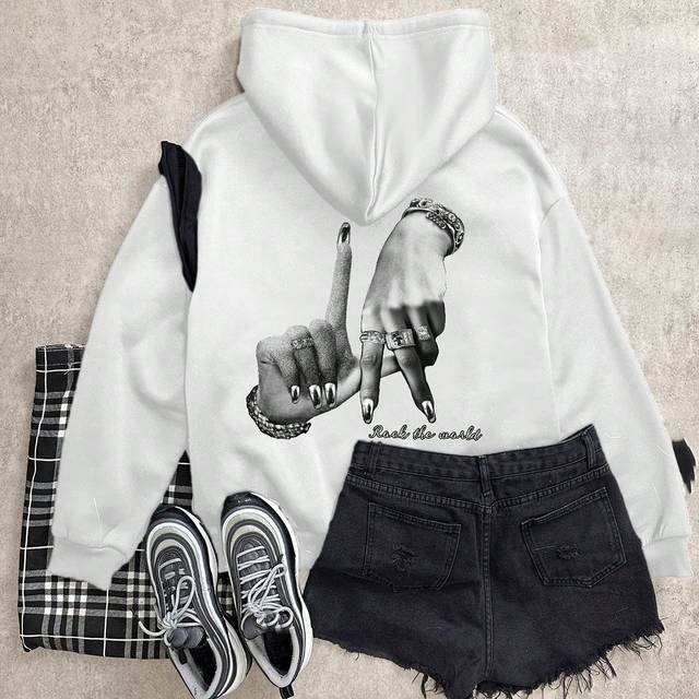 Slaydiva LA Casual Hand Graphic Print Loose Fitted Thick Hoodie Sweatshirt For Women, Autumn/Winter