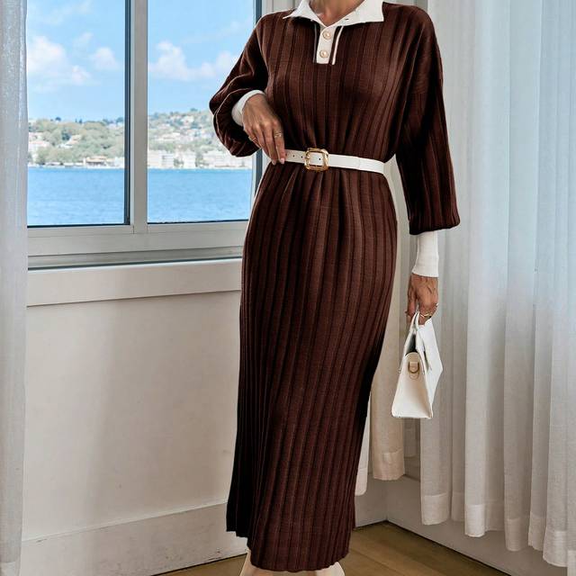 SHEIN Women Solid Color Front Button Detailed Drop Shoulder Maxi Sweater Dress
