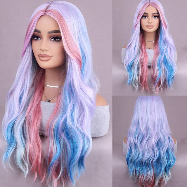 SHEIN Multi-Color Gradient Wig Long Wavy Curly Wig Natural Synthetic Heat Resistant Fiber Wig For Everyday Party Use (26 Inches)