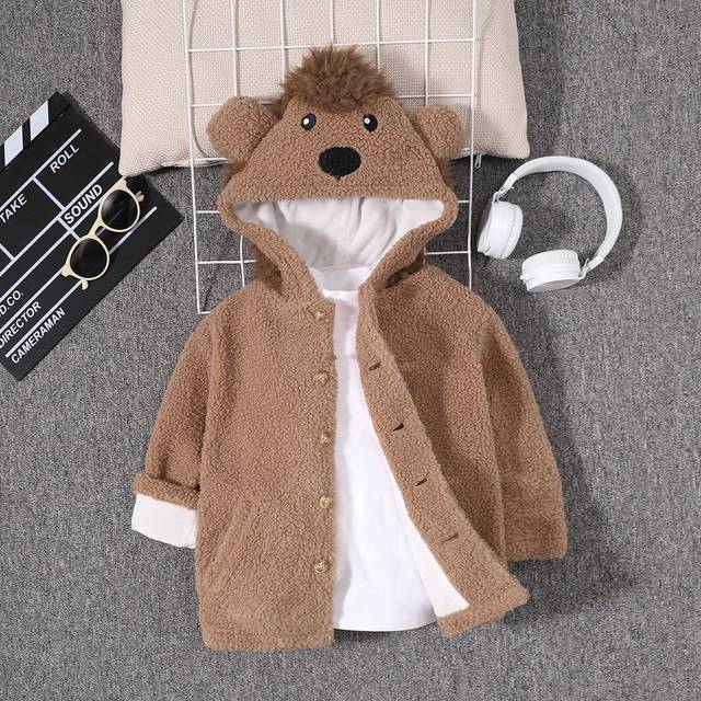 SHEIN Young Boy Cartoon Embroidery 3D Ear Design Hooded Teddy Coat,In Fall/Winter