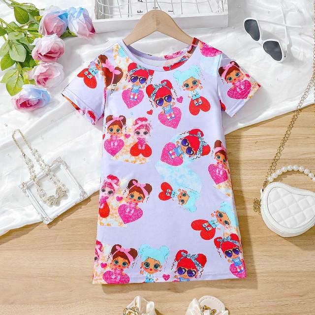 SHEIN Young Girls&#39; Cartoon Print Comfortable Round Neck Short Sleeve T-Shirt Dress, Children Outdoor Casual Vacation Mid-Length Dress, Summer
