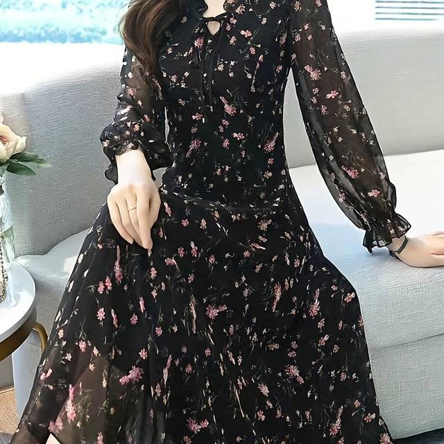 SHEIN Elegant Long Sleeve Ditsy Floral Midi Dress, Autumn