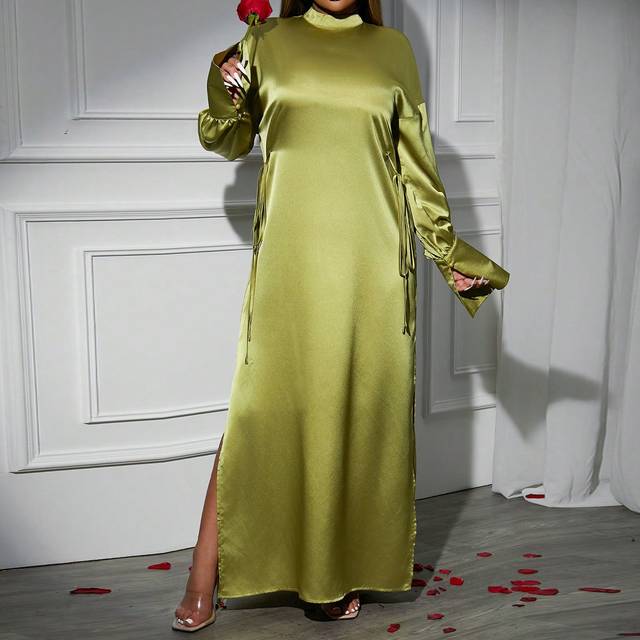 Slaydiva Women&#39;s Green Shiny Satin A-Line Split Hem Loose Dress, Suitable For Winter & Summer, New Year, Valentine&#39;s Day