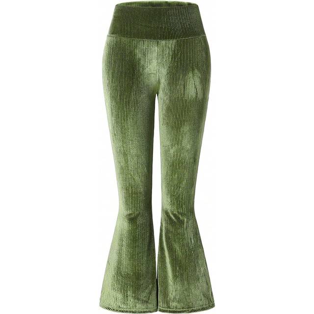 SHEIN Tween Girls Minimalist High Waisted Green Velvet Flare Pants, Comfortable Leggings For Autumn/Winter
