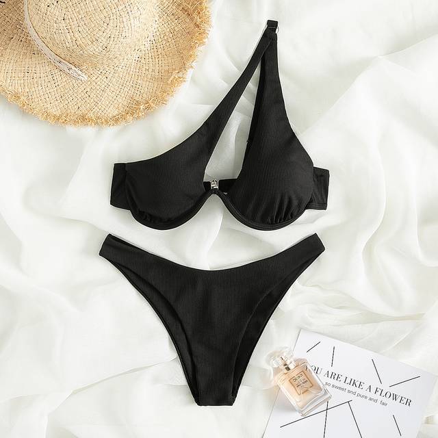 SHEIN Summer Beach Rib Underwire One Shoulder Bikini Set