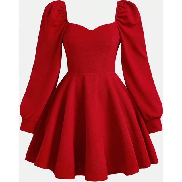 SHEIN Teen Girl&#39;s Christmas Red/Knitting/Winter/ElegaAnt/For Party/Lantern Sleeves/Pearl Buckle/Short Dress