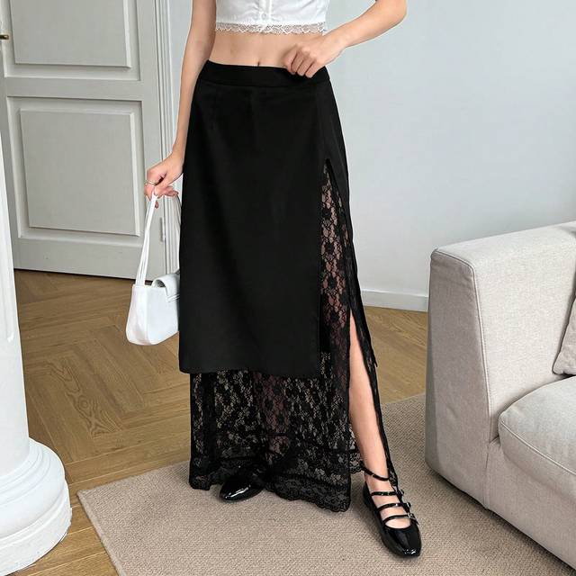 INAWLY Black Elegant Lace Split Sexy Women Long Skirt