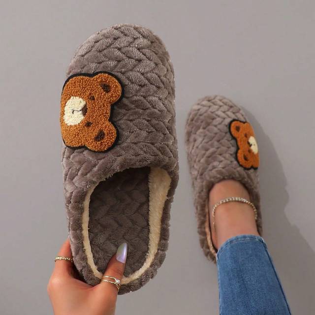 SHEIN Cute Cartoon Embroidered Plush Soft-Sole Slip-On Ladies Slippers & House Socks
