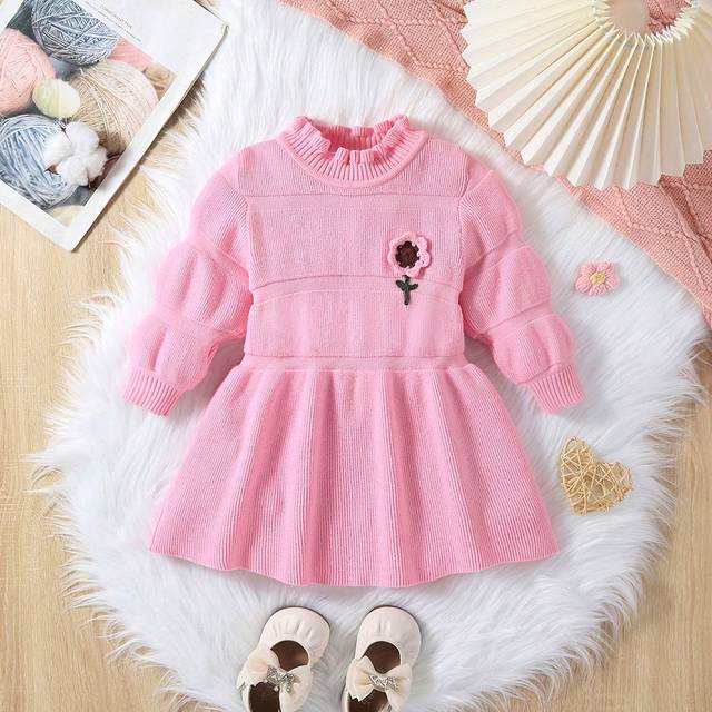 SHEIN Baby Girls Long Sleeve Knitted Sweater Dress, Warm And Comfortable, Suitable For Autumn/Winter, Yellow Ruffle Collar, Fashion, Casual, Floral Decor, S