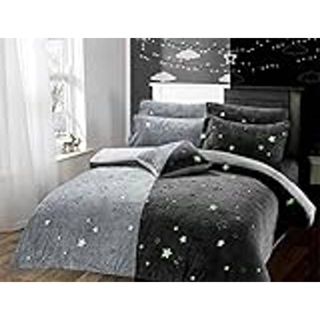Olivia Rocco Glow In The Dark Teddy Fleece Duvet Cover Sets Soft Warm Kids Bedding Childrens Quilt Covers Set, Stars Grey Single