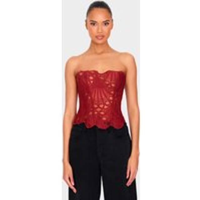 Burnt Orange Textured Sheer Floral Lace Corset, Orange - 10