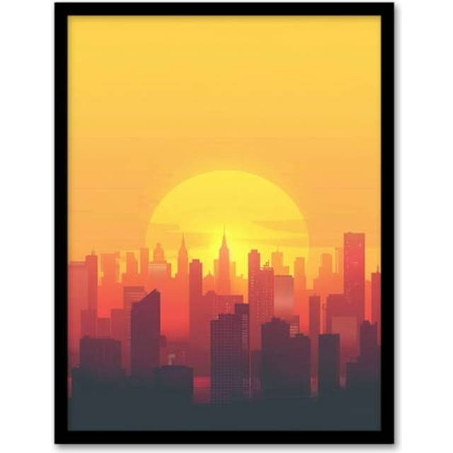 New York City Sunset Cityscape Skyline Design Framed Art Print - Orange - W12 inch x H16 inch