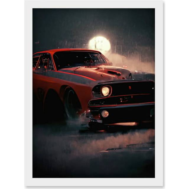 Classic Red Sports Muscle Car On A Rainy Atmospheric Night Artwork Framed Wall Art Print A4 - White - One Size